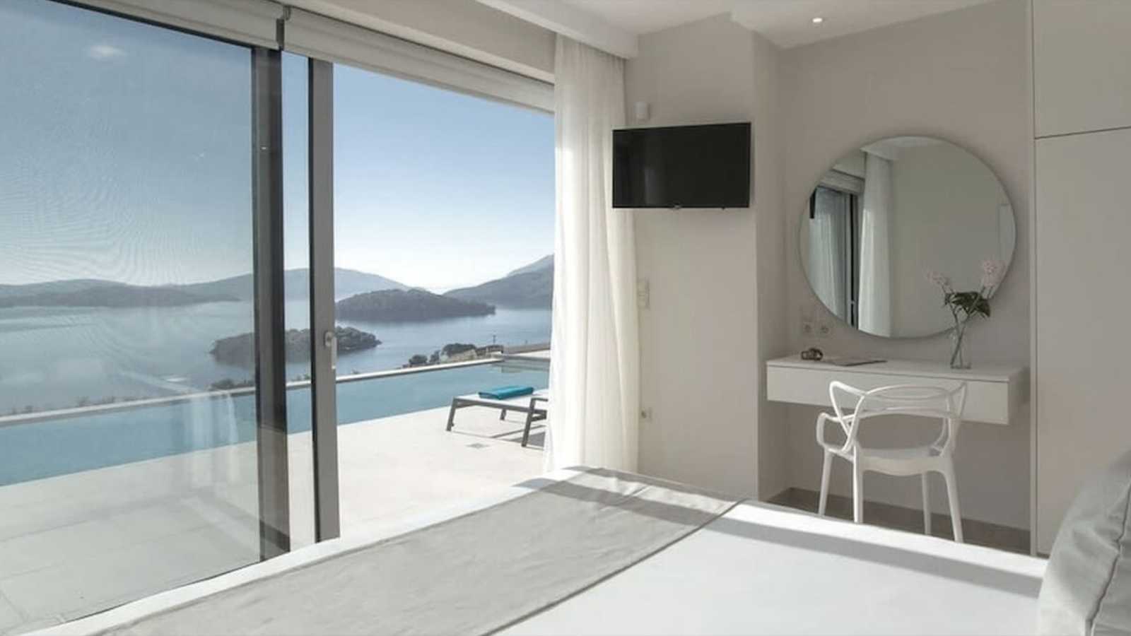 Sea-view bedroom in a Lefkada rental villa, illustrating the high standards of the Lefkada Rental Market