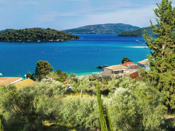 Panoramic view of Perigiali from the hilltop, available in our Lefkada Real Estate Listings