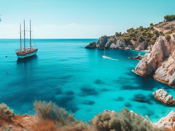 A breathtaking view of Porto Katsiki, showing a traditional sailboat anchored in the azure waters near the rugged coastline with lush greenery atop.