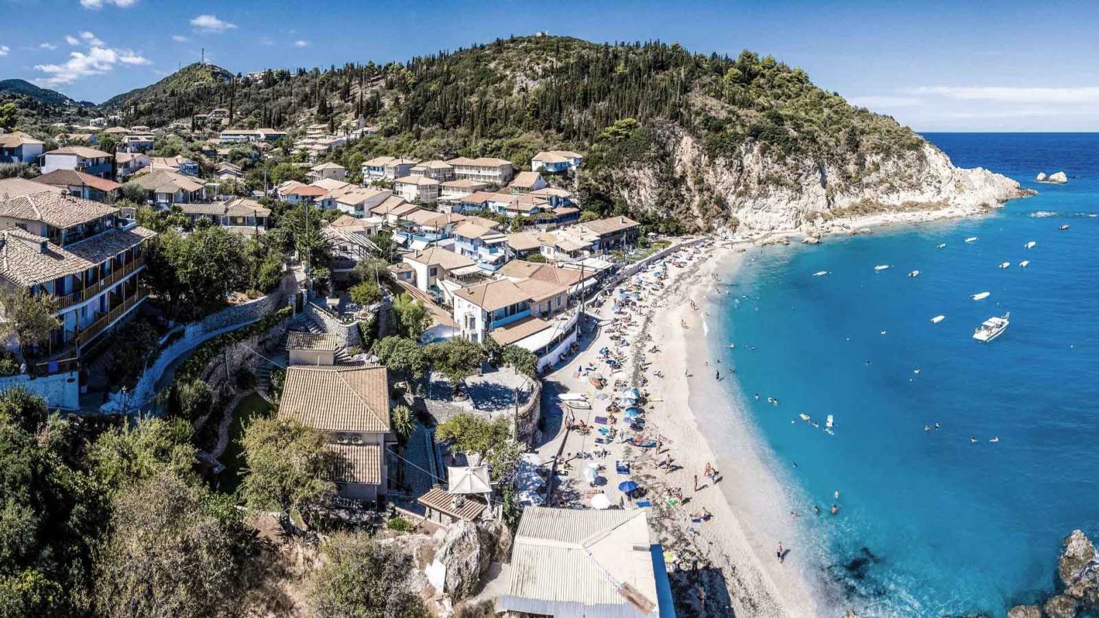 Aerial view of Agios Nikitas, featured in Real Estate for Sale Lefkada